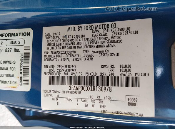 3FA6P0CDXLR130978 2020 FORD FUSION Blue Vista del compartimento del motor