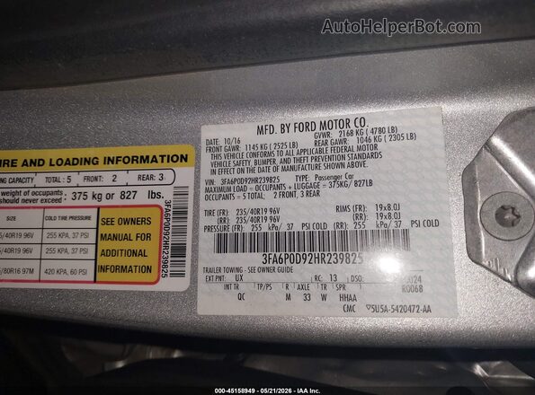 3FA6P0D92HR239825 2017 FORD FUSION Серебряный Вид подкапотного пространства