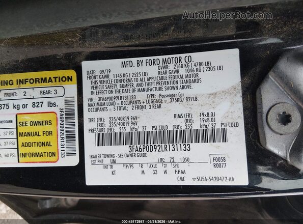 3FA6P0D92LR131133 2020 FORD FUSION Black Շարժիչի բաժամունքի տեսք