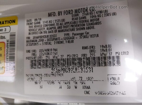 3FA6P0D92LR133531 2020 FORD FUSION White Вид підкапотного простору