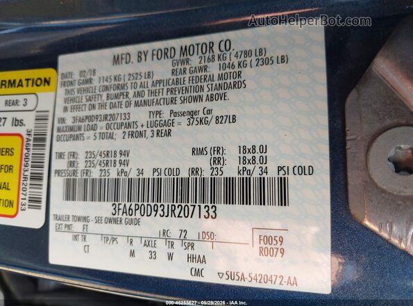 3FA6P0D93JR207133 2018 FORD FUSION Blue Engine compartment view