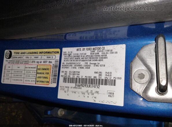 3FA6P0D93LR174752 2020 FORD FUSION Blue Vista del compartimento del motor