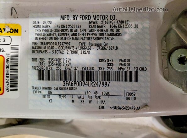 3FA6P0D94LR247997 2020 FORD FUSION White Engine compartment view