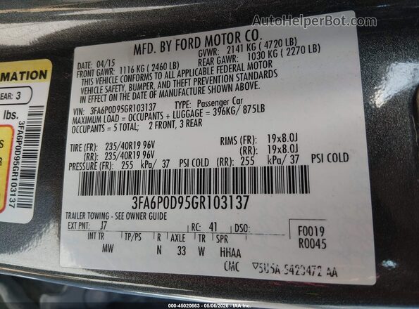 3FA6P0D95GR103137 2016 FORD FUSION Gray 