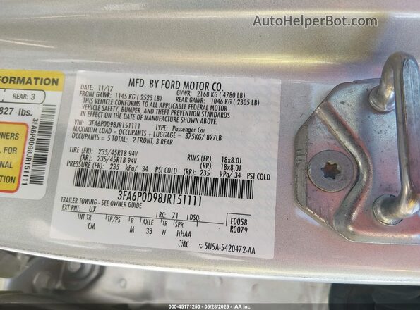 3FA6P0D98JR151111 2018 FORD FUSION Серебряный Вид подкапотного пространства