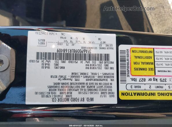 3FA6P0D98JR168409 2018 FORD FUSION Black Շարժիչի բաժամունքի տեսք