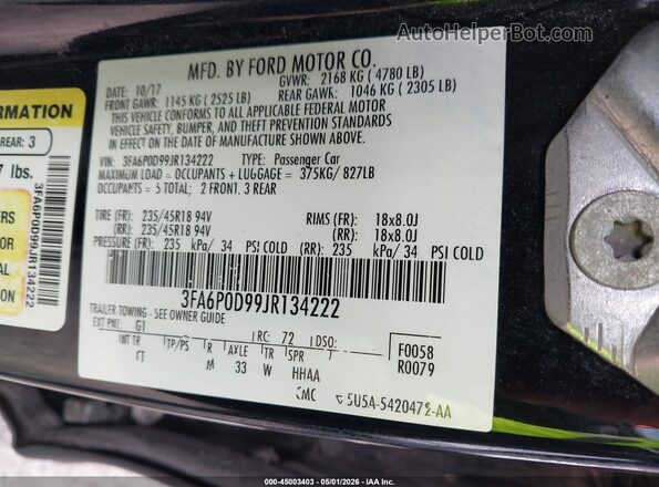 3FA6P0D99JR134222 2018 FORD FUSION Черный Вид подкапотного пространства