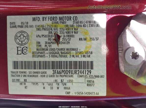3FA6P0D9XJR244129 2018 FORD FUSION Red Вид підкапотного простору