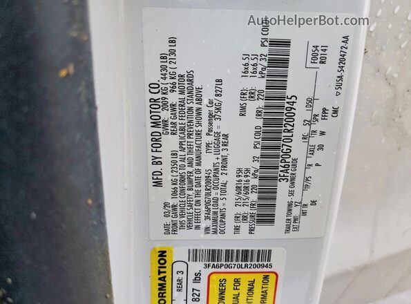 3FA6P0G70LR200945 2020 FORD FUSION White VIN sticker view