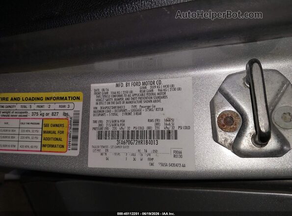 3FA6P0G72HR184013 2017 FORD FUSION Silver Շարժիչի բաժամունքի տեսք