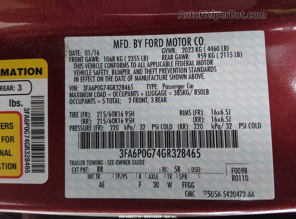3FA6P0G74GR328465 2016 FORD FUSION Red Widok komory silnika