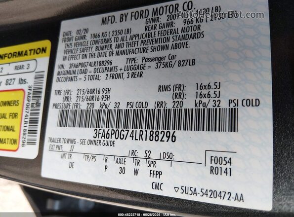 3FA6P0G74LR188296 2020 FORD FUSION Gray Вид підкапотного простору