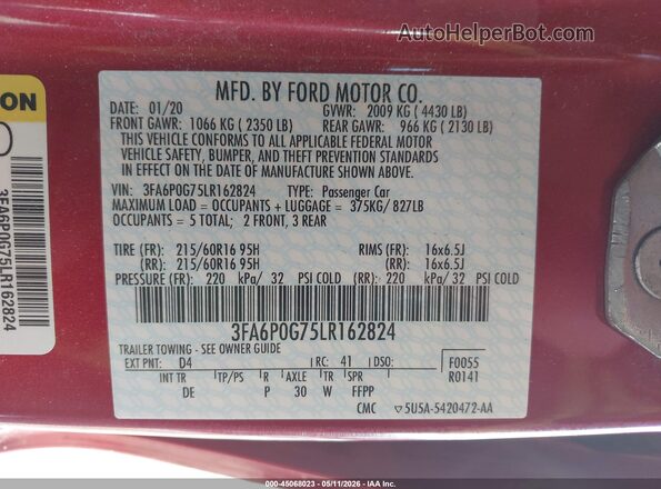 3FA6P0G75LR162824 2020 FORD FUSION Red ძრავის განყოფილების ხედი