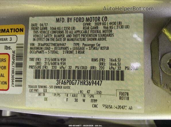 3FA6P0G77HR369447 2017 FORD FUSION Silver 