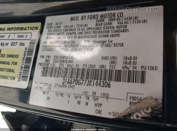 3FA6P0G77JR144306 2018 FORD FUSION Black Engine compartment view