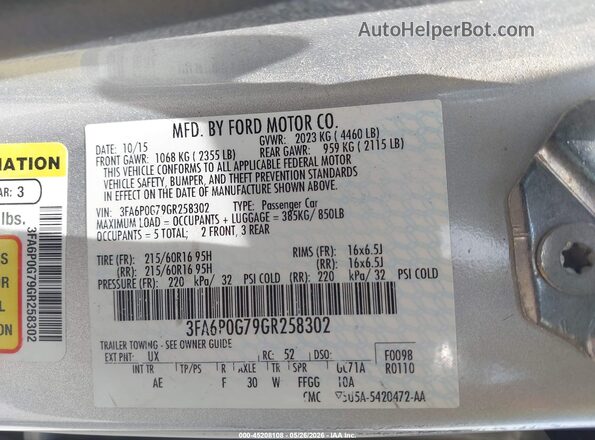3FA6P0G79GR258302 2016 FORD FUSION Silver Widok komory silnika