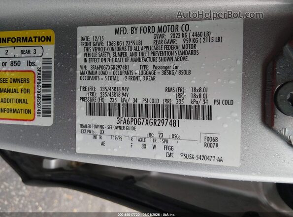 3FA6P0G7XGR297481 2016 FORD FUSION Gray ძრავის განყოფილების ხედი