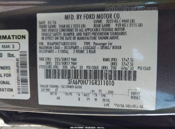 3FA6P0H71GR311010 2016 FORD FUSION Gray Engine compartment view