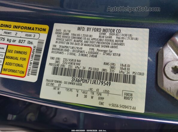 3FA6P0H71JR179549 2018 FORD FUSION Gray Շարժիչի բաժամունքի տեսք