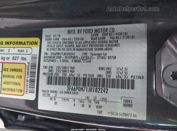 3FA6P0H71JR182242 2018 FORD FUSION Gray Շարժիչի բաժամունքի տեսք