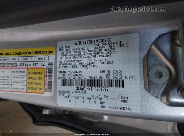 3FA6P0H74HR201599 2017 FORD FUSION Silver Vista del compartimento del motor