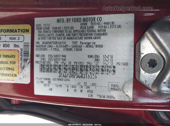 3FA6P0H75GR316159 2016 FORD FUSION Red Vista del compartimento del motor
