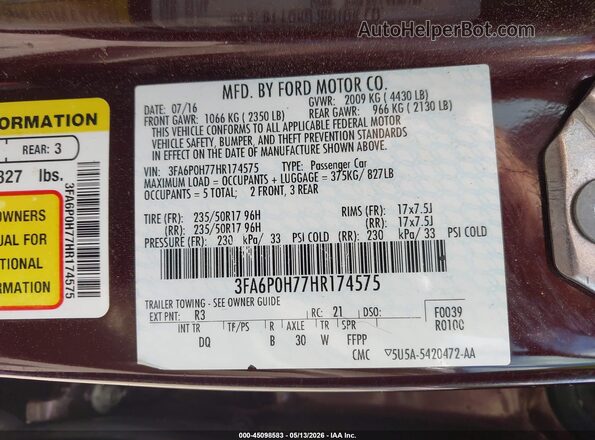 3FA6P0H77HR174575 2017 FORD FUSION Maroon 
