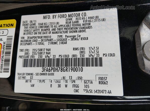 3FA6P0H78GR190010 2016 FORD FUSION Black Շարժիչի բաժամունքի տեսք