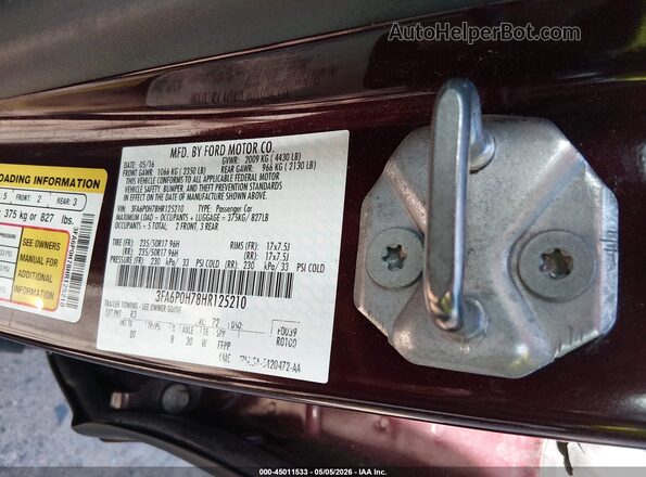 3FA6P0H78HR125210 2017 FORD FUSION Темно-бордовый 