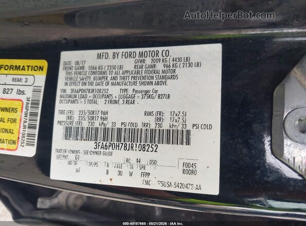 3FA6P0H78JR108252 2018 FORD FUSION Black Շարժիչի բաժամունքի տեսք