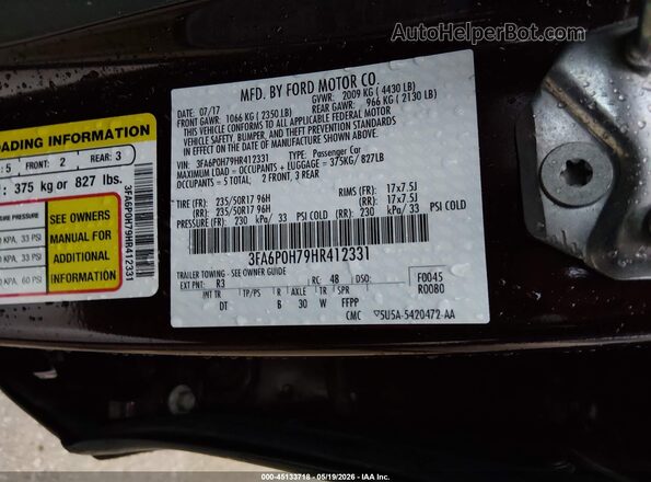 3FA6P0H79HR412331 2017 FORD FUSION Burgundy Widok komory silnika