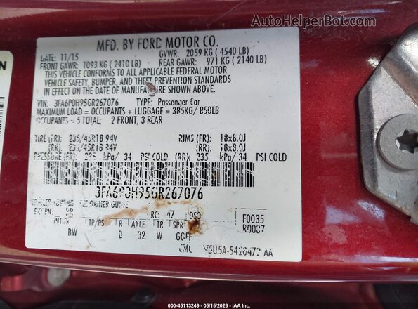 3FA6P0H95GR267076 2016 FORD FUSION Red Vista del compartimento del motor