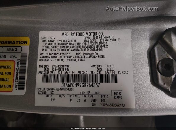3FA6P0H99GR264357 2016 FORD FUSION Silver Vista del compartimento del motor