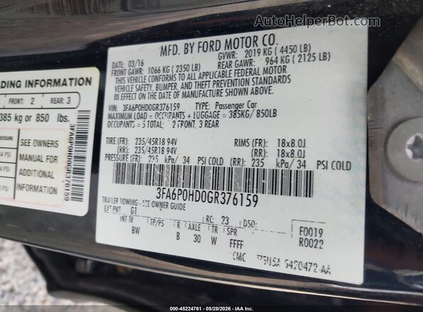 3FA6P0HD0GR376159 2016 FORD FUSION Черный Вид подкапотного пространства