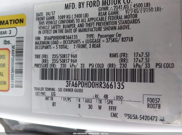 3FA6P0HD0HR366135 2017 FORD FUSION Белый Вид подкапотного пространства