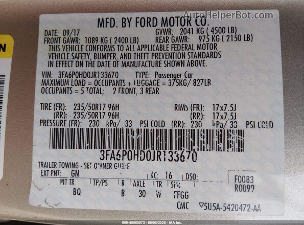 3FA6P0HD0JR133670 2018 FORD FUSION Золотой Вид подкапотного пространства