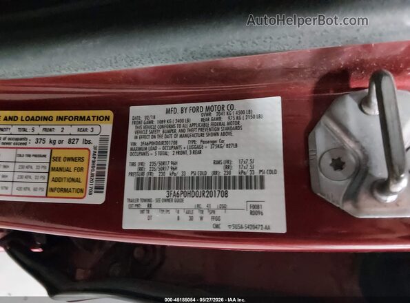 3FA6P0HD0JR201708 2018 FORD FUSION Red Engine compartment view