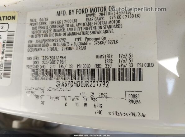 3FA6P0HD0JR231792 2018 FORD FUSION White Вид підкапотного простору