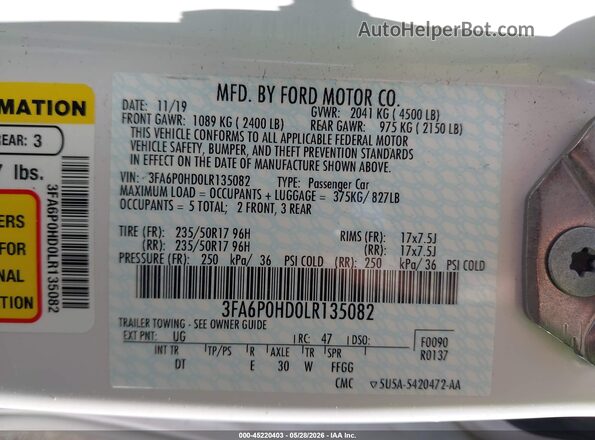 3FA6P0HD0LR135082 2020 FORD FUSION White Вид підкапотного простору