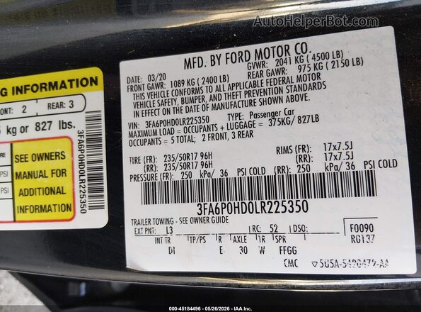 3FA6P0HD0LR225350 2020 FORD FUSION Black Widok komory silnika