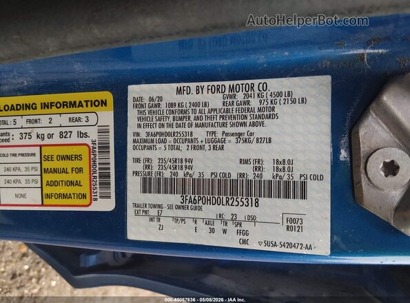 3FA6P0HD0LR255318 2020 FORD FUSION Blue Вид підкапотного простору