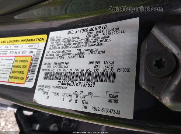 3FA6P0HD1HR137639 2017 FORD FUSION Gray Вид підкапотного простору