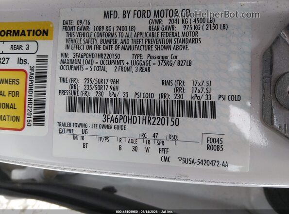3FA6P0HD1HR220150 2017 FORD FUSION White ძრავის განყოფილების ხედი