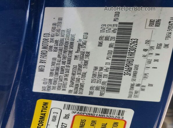 3FA6P0HD1HR305263 2017 FORD FUSION Blue Widok komory silnika
