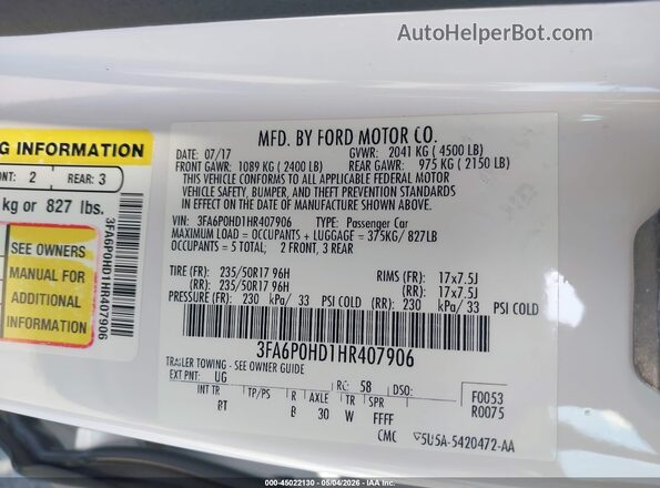 3FA6P0HD1HR407906 2017 FORD FUSION White 