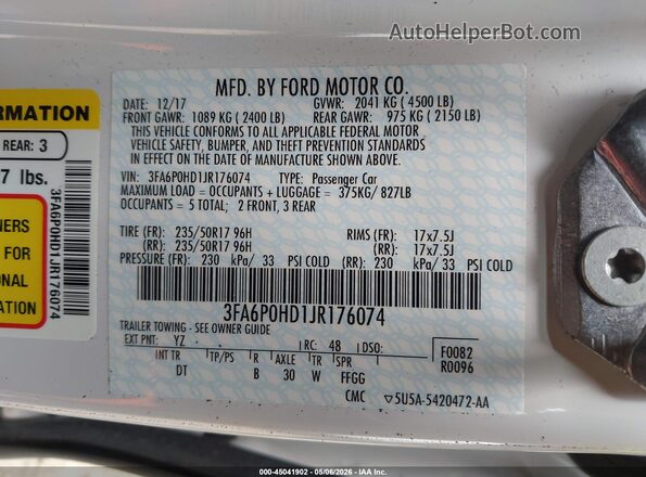 3FA6P0HD1JR176074 2018 FORD FUSION White Vista del compartimento del motor