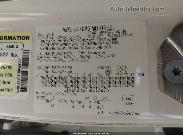 3FA6P0HD1JR213625 2018 FORD FUSION White Widok komory silnika