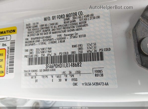 3FA6P0HD1LR148682 2020 FORD FUSION White 