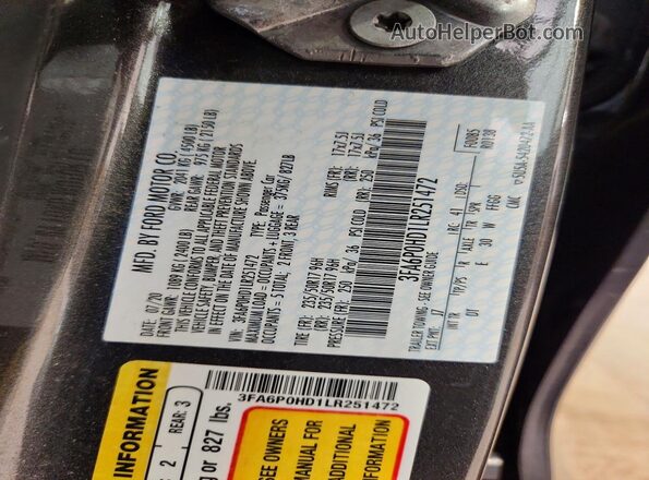 3FA6P0HD1LR251472 2020 FORD FUSION Black ძრავის განყოფილების ხედი