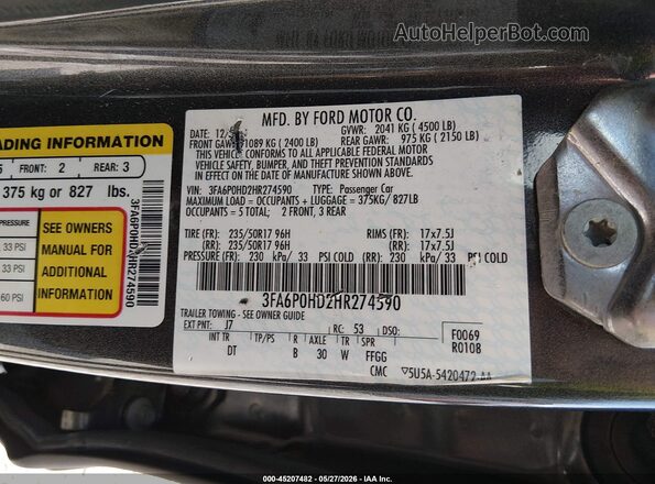 3FA6P0HD2HR274590 2017 FORD FUSION Gray Vista del compartimento del motor